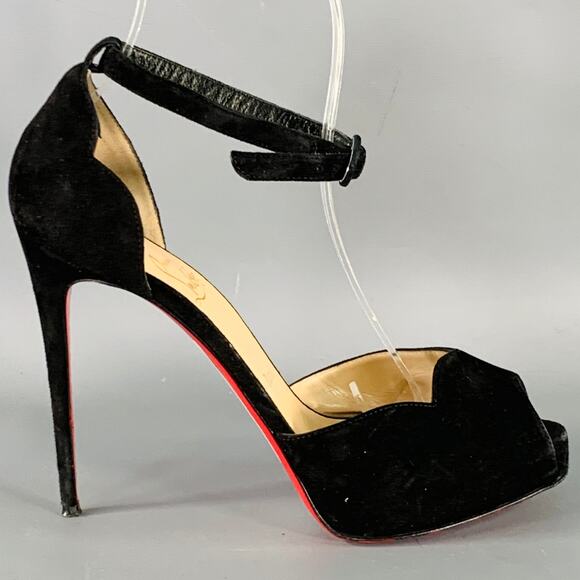 CHRISTIAN LOUBOUTIN Size 7.5 Aketata 120 Black Red Suede Ankle Strap Sandals - Picture 2 of 8